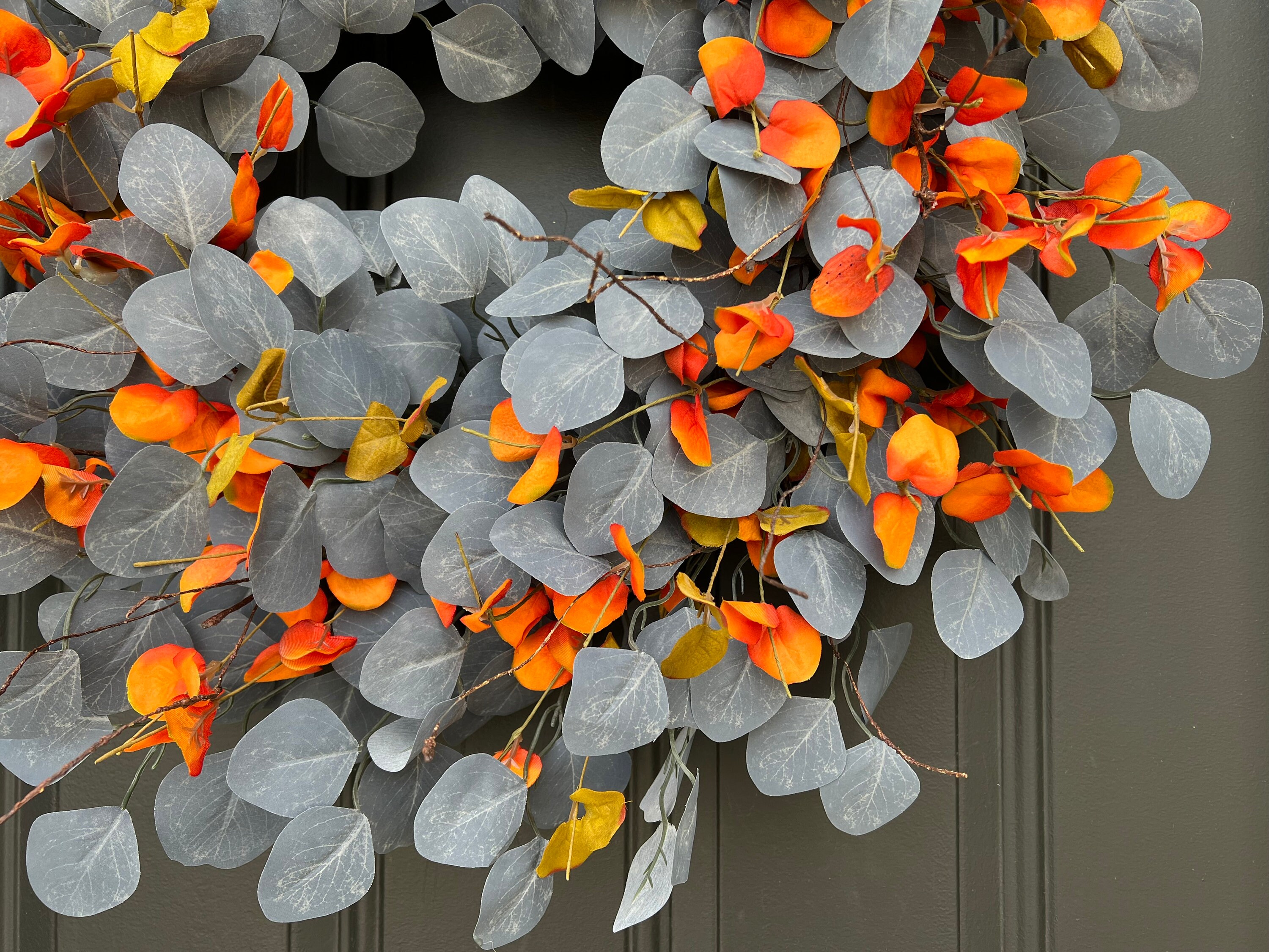 Blue Eucalyptus Wreath, Fall Front Door Wreaths, Blue and Orange Decor ...
