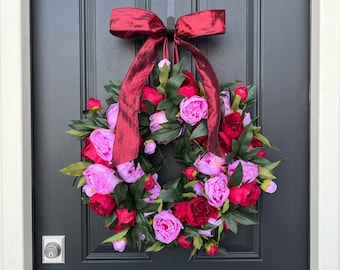 Red and Pink Peony Wreath, Valentine's Day Wreaths, Sweetheart Gifts, Be My Valentine Decor
