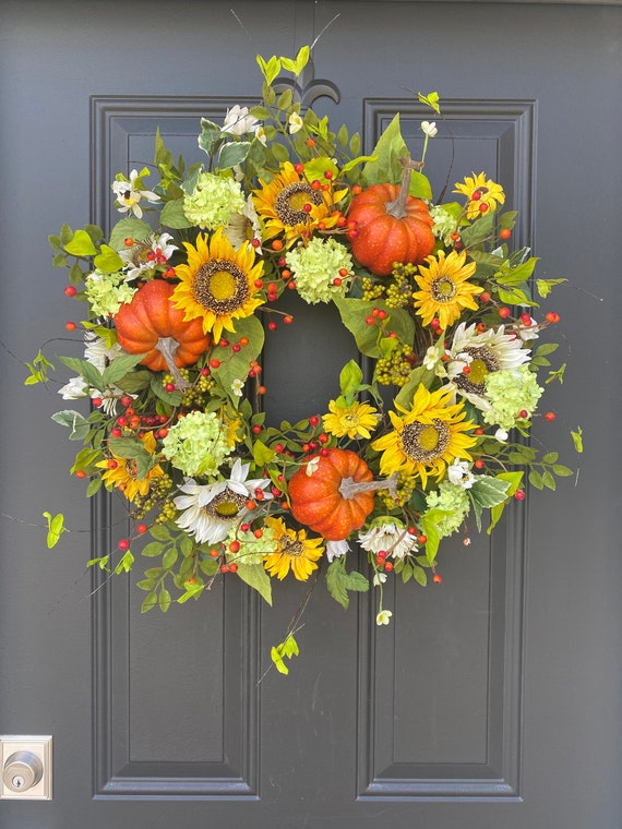 Autumn Sunflower Wreath, Fall Sunflower Pumpkin Wreaths, Outdoor Fall Wreath, Fall Hanging Decor, Twoinspireyou, 2022 Trending Fall Wreath