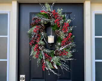 Oval Winter Magnolia Door Wreath, Snow Capped Wreath with Red Berries Pine and Pinecones, Front Door Red Berry and Pine Holiday Decoration