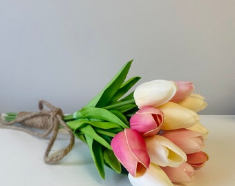 Real Touch Tulip Bouquet, Faux Natural Tulip Bundle, 12 stem floral decor, High quality artificial flowers, pink tulips, Gift for Spring