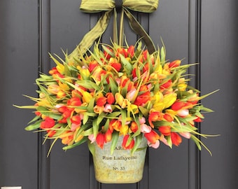 Spring Tulip BUCKET, Tulips for Spring, French Tulip Bucket, Container of Tulips, Spring Tulips for Door, Door Wreaths Tulips