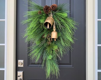 NEW Winter Pine Teardrop Swag Wreath with Decorative Bells, Evergreen Pine Teardrop Door Swag Wreath