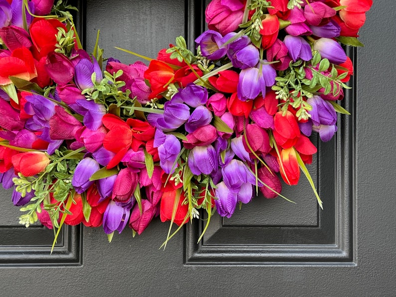 Berry Jam Vibrant Tulip Wreath, Spring Front Door Hanger, Gift for Mom image 5
