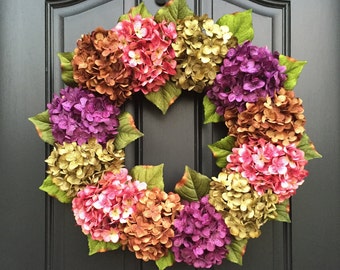 Spring Wreath, Spring Wreaths, Front Door Wreaths, Spring Hydrangea Wreath, Outdoor Wreaths, Summer Door Wreaths, Door Wreath