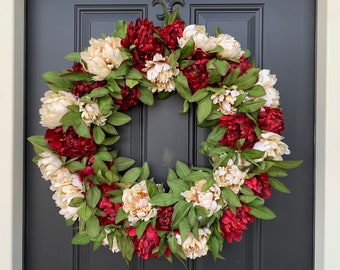 CHRISTMAS Peony Wreath, Holiday Wreaths, Red and Cream Front Door Decor