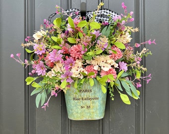 Cottage Garden Bucket Wreath, Summer WildFlower Bouquet Wreaths, Gifts for Her, Front Door Wildflower Container