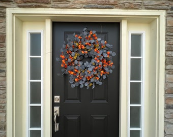 Blue Eucalyptus Wreath, Fall Front Door Wreaths, Blue and Orange Decor