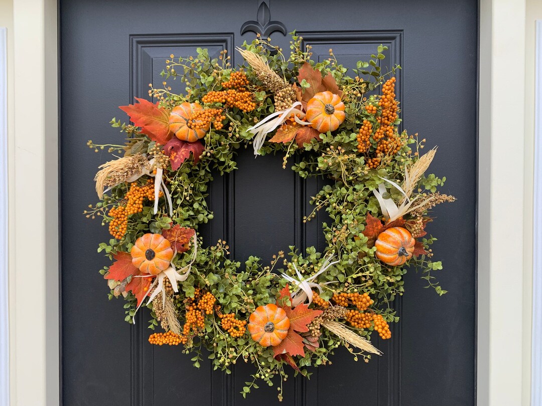 Fall Farmhouse Wreath - Orange Pumpkin and Eucalyptus, Handmade - Etsy