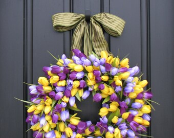 Purple Tulips Wreath Tulips Front Door Wreath Door Wreaths Yellow Spring Tulips Mother's Day Wreath Tulips Trending Wreaths