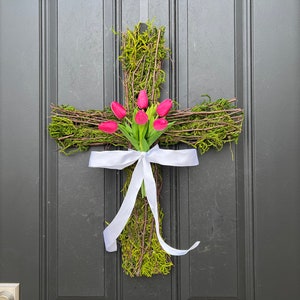 Easter Cross for Front Door, Cross Wreath, Easter Decor, Tulips for Easter, Front Door Wreath Fuchsia