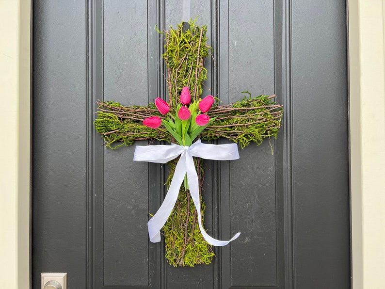 Easter Cross for Front Door, Cross Wreath, Easter Decor, Tulips for Easter, Front Door Wreath Fuchsia