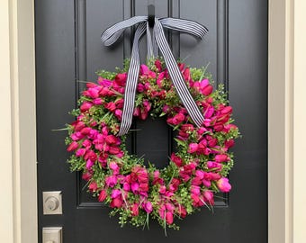 Magenta Tulip Wreath with Greenery: Spring Tulip Wreaths for Front Door