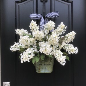 White Lilac Wreaths for Front Door, Farmhouse Porch Decor, Bucket of Lilacs Door Hanging