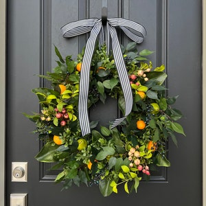 Blueberry Orange Spring Wreath, Faux Boxwood Magnolia Door Hanger