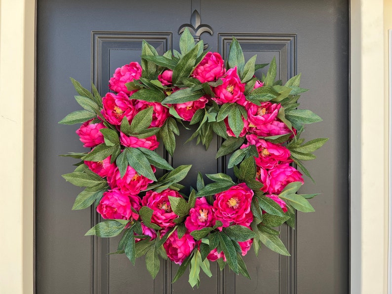 Faux Pink Peony Wreath, Front Door Peony Wreaths, BEST SELLER Wedding Door Decor, Spring Door Wreath, Peony Wreaths for Spring Hot Pink (Shown)