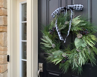 Winter Pine, Blueberry and Gatherings Wreath, Front Door Holiday