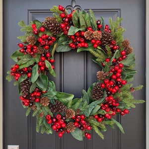 The Spirit of Christmas, Christmas Pine, Red Berries and Pinecone Wreath