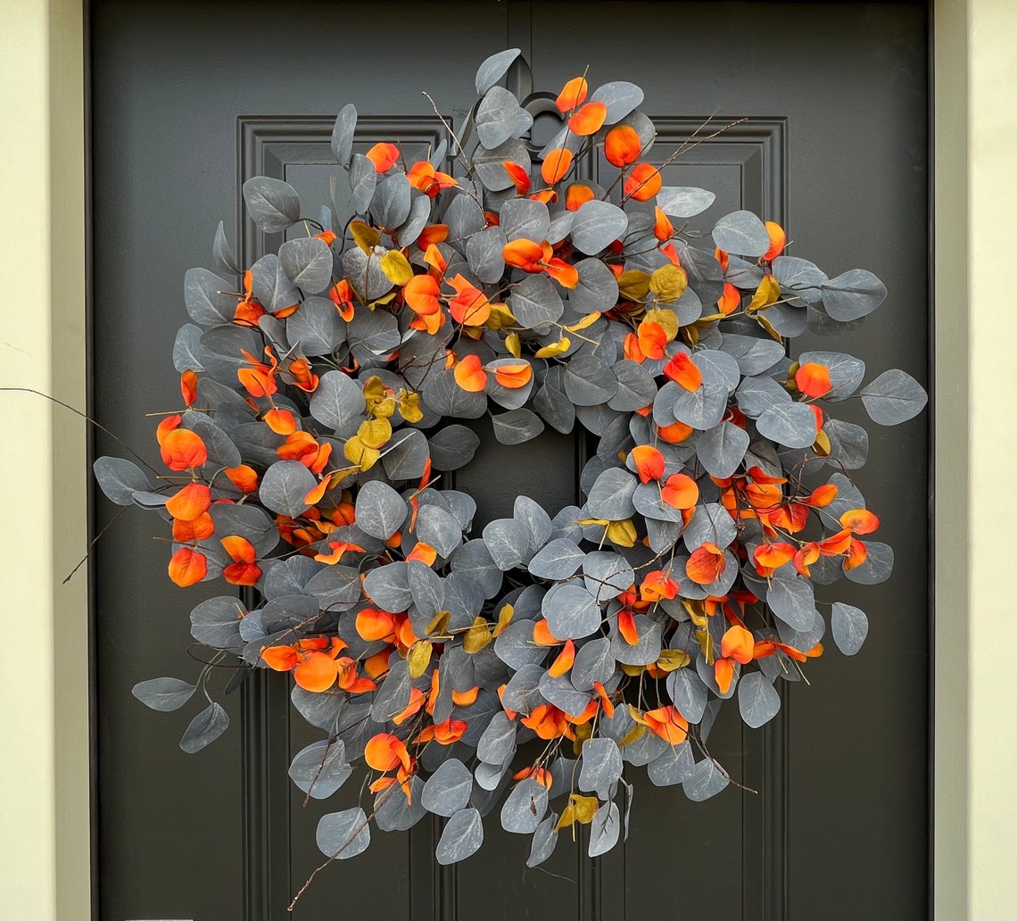 Blue Eucalyptus Wreath, Fall Front Door Wreaths, Blue and Orange Decor ...