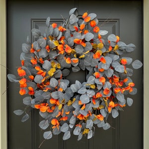 Blue Eucalyptus Wreath, NEW 2023 Fall Front Door Wreaths, Blue and Orange Decor