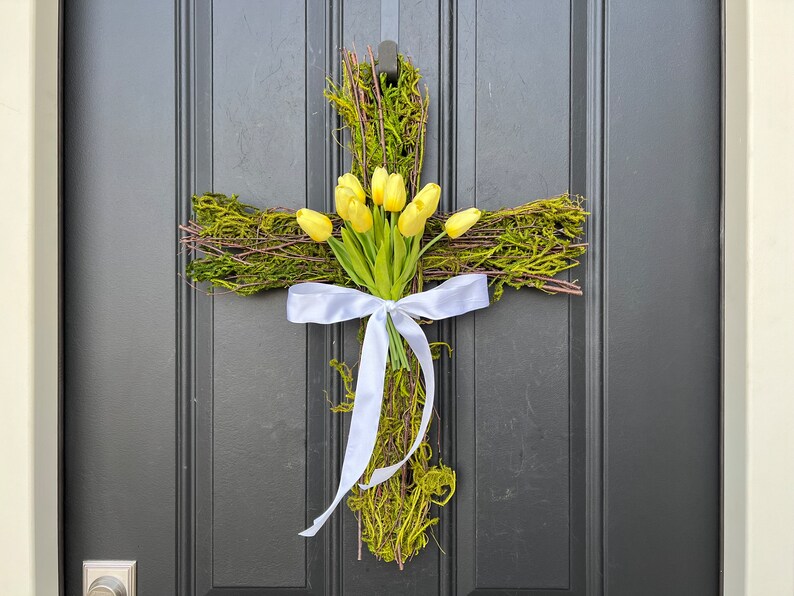Easter Cross for Front Door, Cross Wreath, Easter Decor, Tulips for Easter, Front Door Wreath image 7