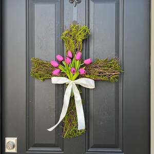 Easter Cross for Front Door, Cross Wreath, Easter Decor, Tulips for Easter, Front Door Wreath image 9