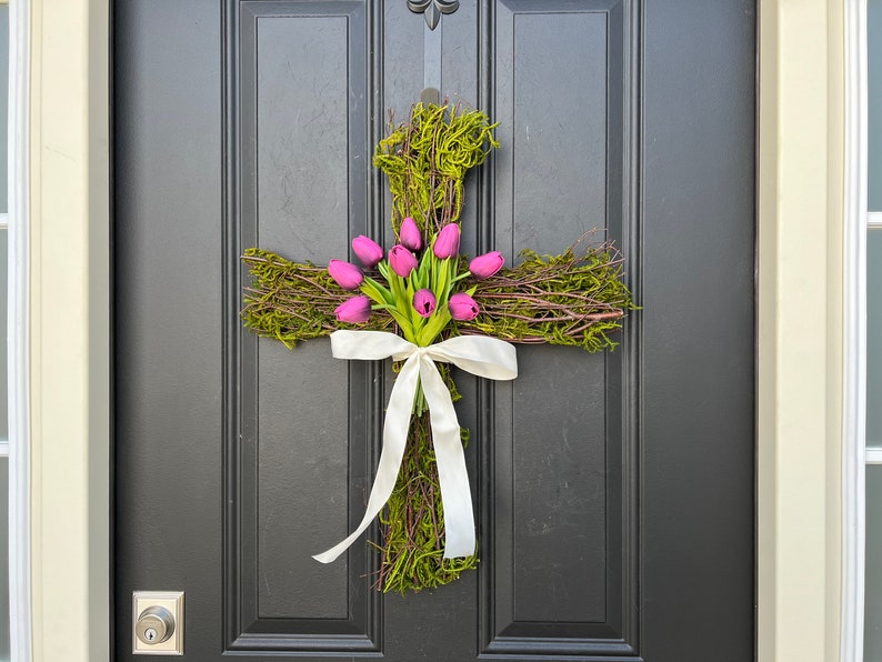 Easter Cross for Front Door, Cross Wreath, Easter Decor, Tulips for Easter, Front Door Wreath image 9