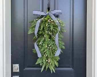 Fern Swag Wreath, Teardrop Door Decor, Year Round Fern Wreaths with Cream Berries