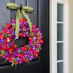 Berry Jam Vibrant Tulip Wreath, Spring Front Door Hanger, Gift for Mom image 4