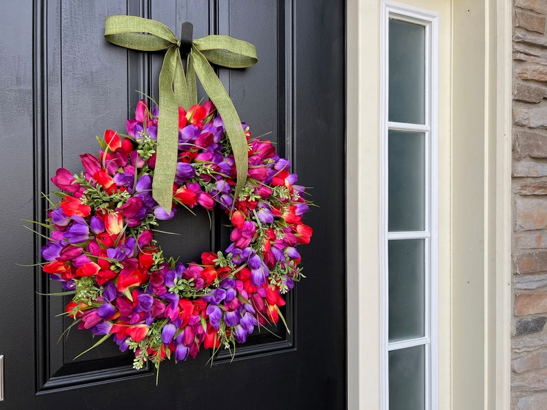 Berry Jam Vibrant Tulip Wreath, Spring Front Door Hanger, Gift for Mom image 4