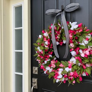 Spring Tulip Wreaths, NEW Pink Tulip Wreath for Spring with Black and White Ribbon image 2