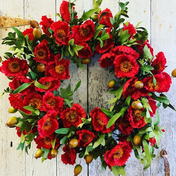 Red Poppy Wreath for Summer Remembrance Wreath Summer Door Decor