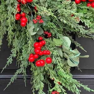 Christmas Wreaths for Front Door, Artificial Holiday Pine Wreath with Red Berries image 5