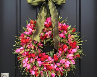 Red and Pink Tulips, Front Door Tulip Wreath, Valentine's Tulip Wreath for Door, Door Wreath Tulips, Red and Pink Tulips Door Wreaths