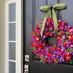 Berry Jam Vibrant Tulip Wreath, Spring Front Door Hanger, Gift for Mom image 6