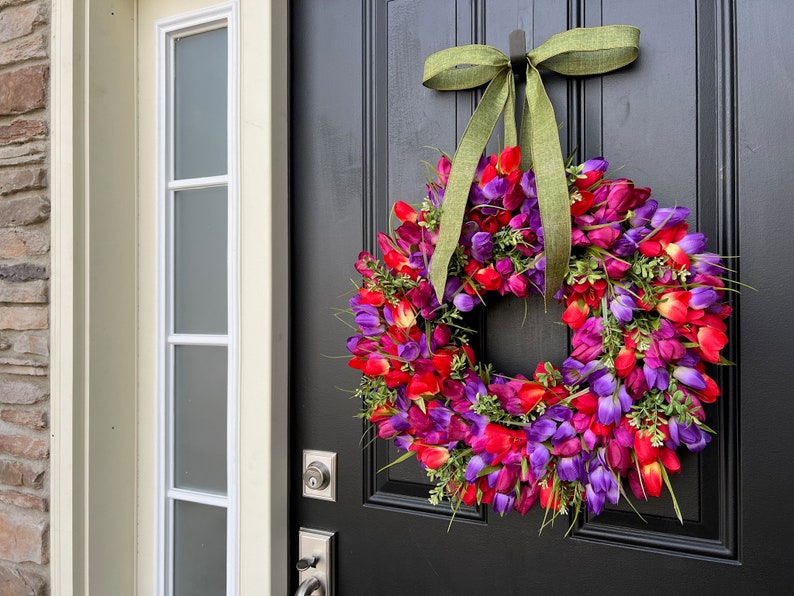 Berry Jam Vibrant Tulip Wreath, Spring Front Door Hanger, Gift for Mom image 6