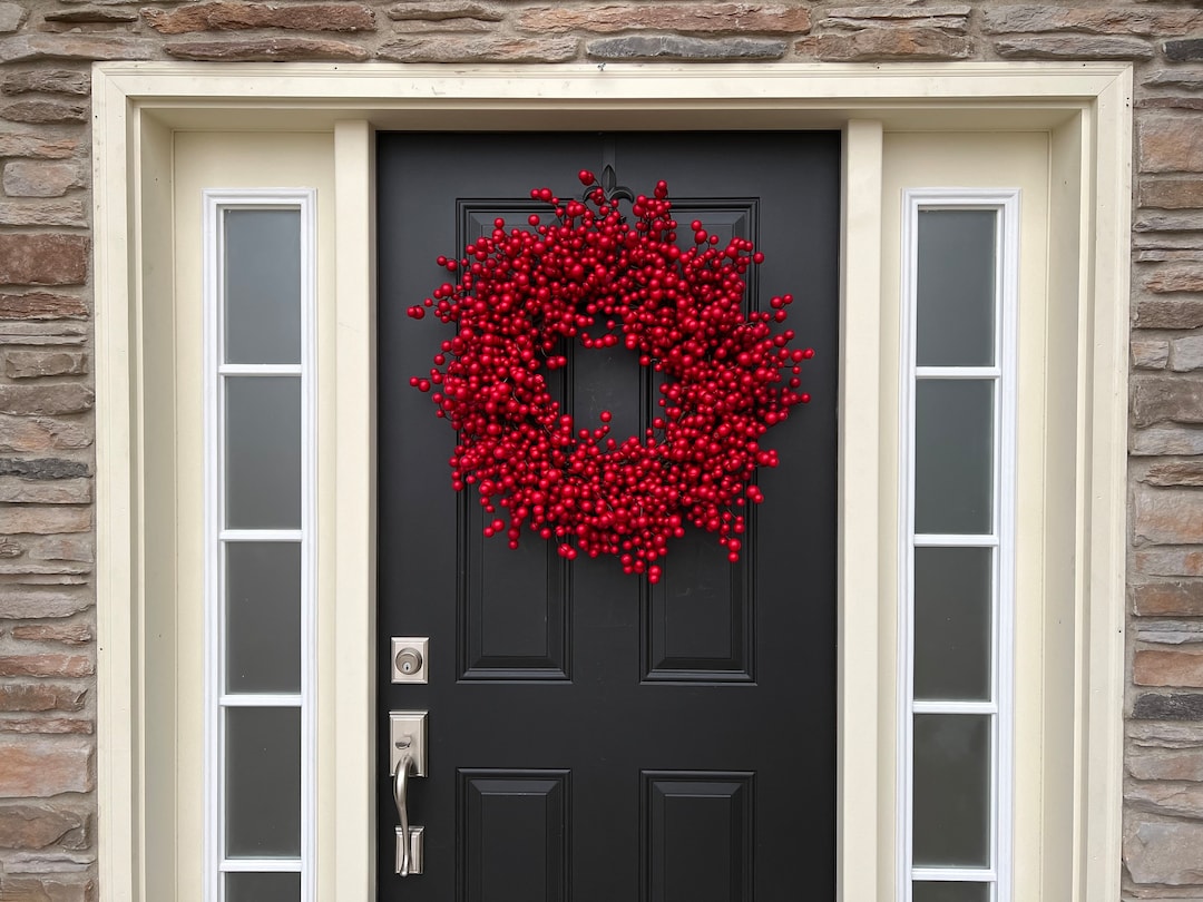 MOIAVAN 15 Inch Christmas Wreath – Red Frosted Berry Wreath For Front Door, Window, Wall Holiday Decor
