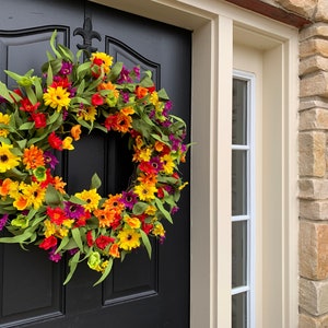 SUMMER FIESTA DECOR, Summer Daisy Door Wreath, Spring Hanger for Front Door, Summer Flower Wreath, Summer Door Wreaths, Multi Colored Wreath image 2