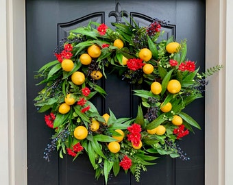 Southern Lemon Wreaths for Spring, Lemon Decor, Blueberry Decor, Green Bay Leaf Wreaths