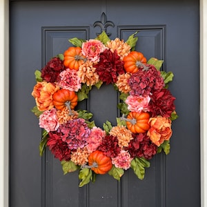 NEW BEST SELLER Fall Pumpkin Wreath for Door, Front Door Fall Wreaths, Colorful Fall Hydrangea Hanger