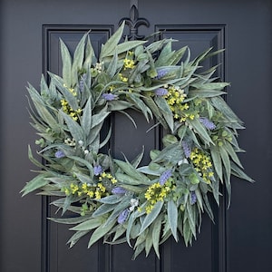 Eucalyptus and Bayleaf Wreath | Lavender and Yellow Flowers | Lavender Wreath | Year Round Front Door Wreaths