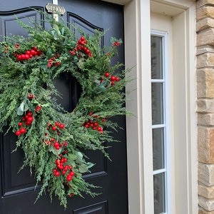 Christmas Wreaths for Front Door, Artificial Holiday Pine Wreath with Red Berries image 4