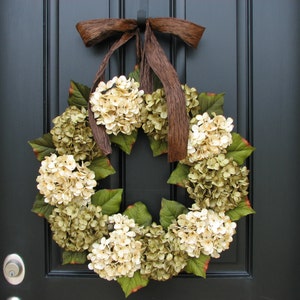 Wreaths - Hydrangea Wreath - Green Hydrangea Blooms - Wedding Decor - Wreaths for Spring - Spring Summer Wreaths - Brown Ribbon Bows