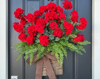 Summer Red Geranium Basket, Front Door Baskets for Summer