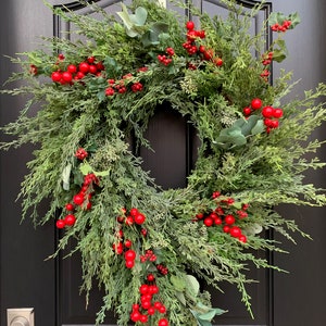 Christmas Wreaths for Front Door, Artificial Holiday Pine Wreath with Red Berries image 3