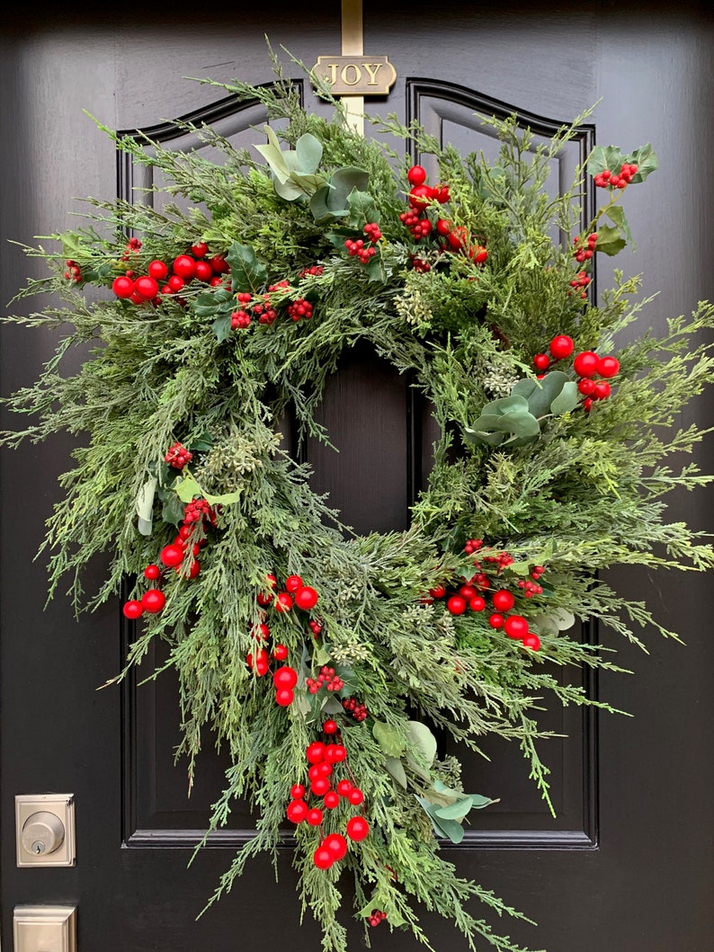 Christmas Wreaths for Front Door, Artificial Holiday Pine Wreath with Red Berries image 3