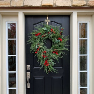 Christmas Wreaths for Front Door, Artificial Holiday Pine Wreath with Red Berries image 2