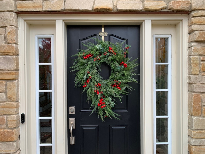 Christmas Wreaths for Front Door, Artificial Holiday Pine Wreath with Red Berries image 2