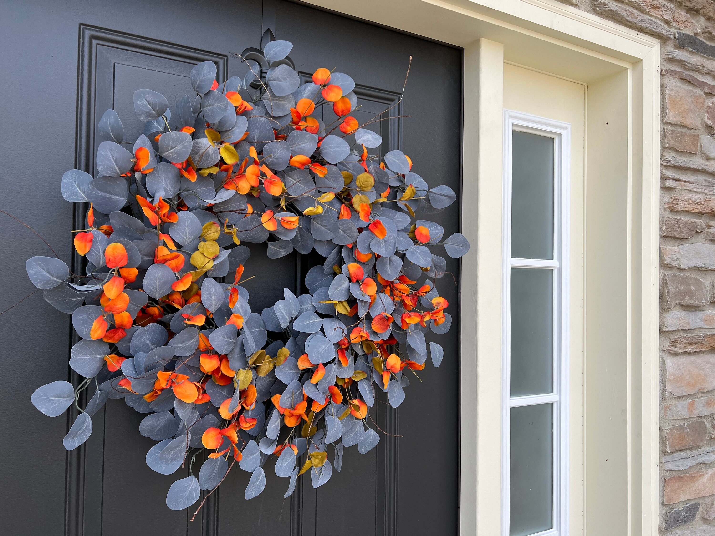 Blue Eucalyptus Wreath, Fall Front Door Wreaths, Blue and Orange Decor ...