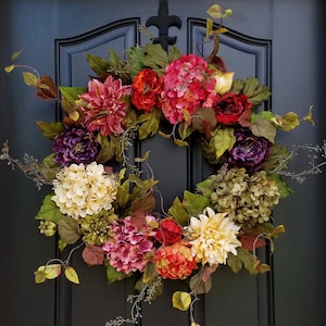 Fall Fiesta Wreath, Multi-Colored Dahlias, Peonies, Hydrangeas, Thanksgiving Decor